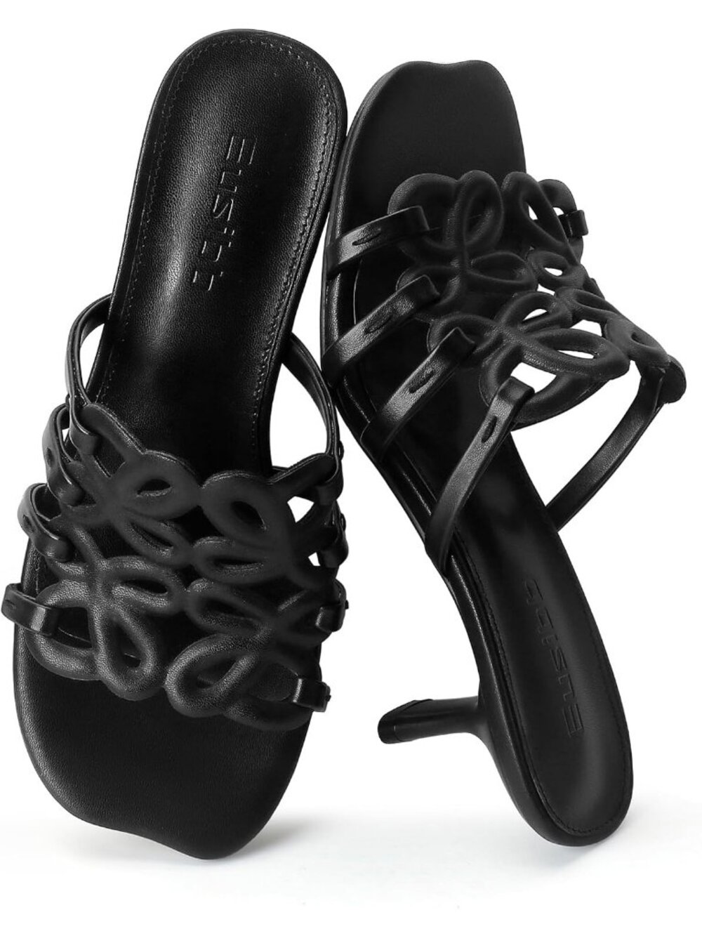 Women's Black Rubber Strap Open Toe Kitten Heel Slip On Comfortable Sandals